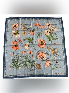Nina Ricci Blue Scarf with Coral Floral Poppies